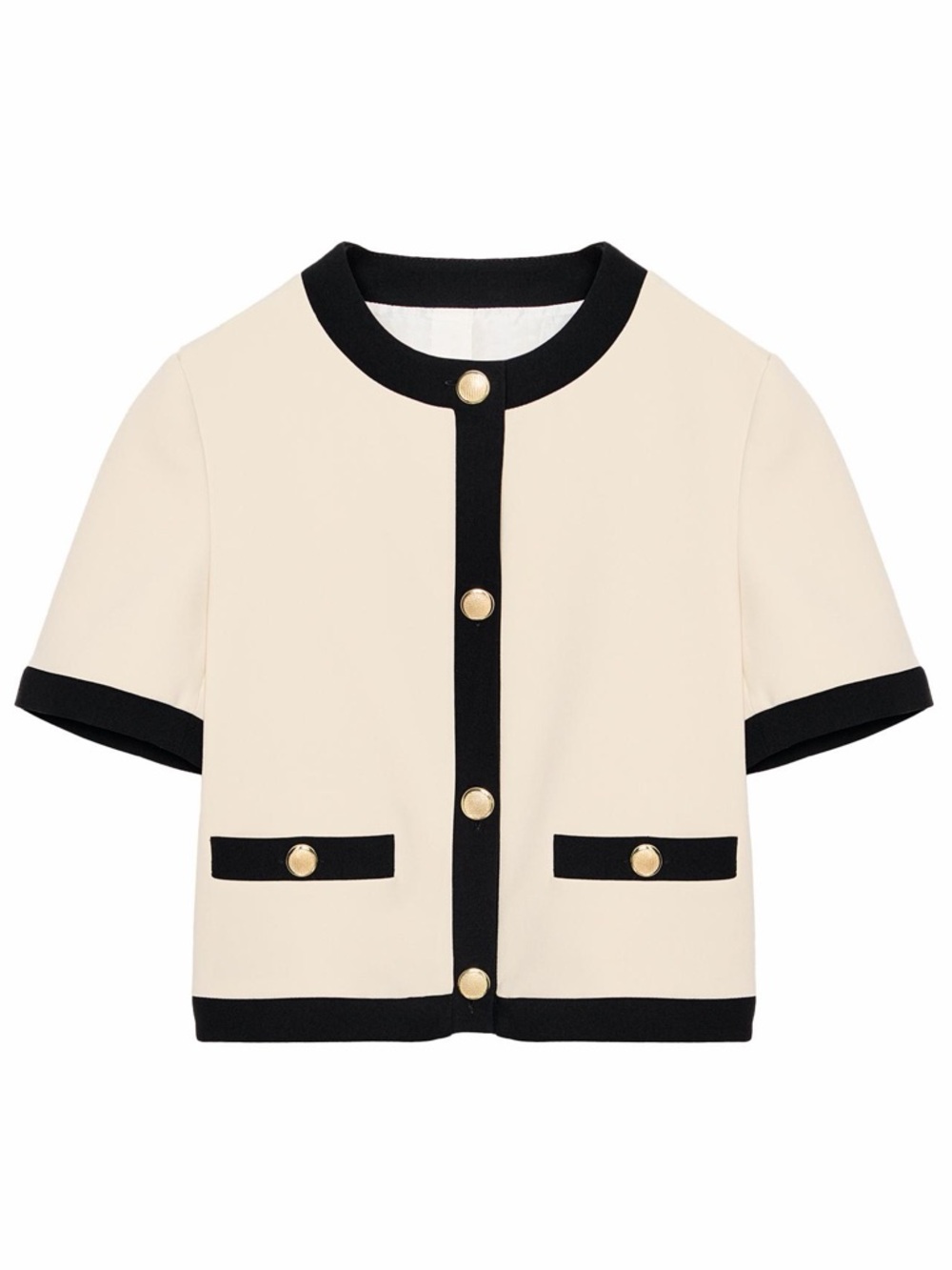 New  Cream Short-Sleeve Knit Cardigan with Black Trim and Gold Buttons